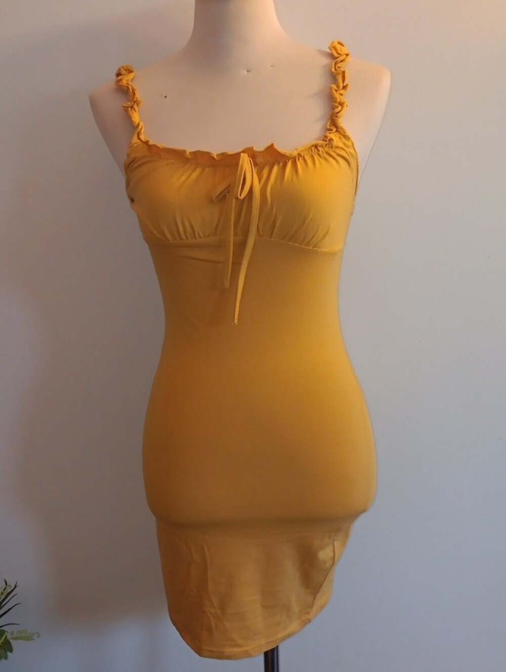 SHEIN Mustard Yellow Ruffled Strap Bodycon Dress